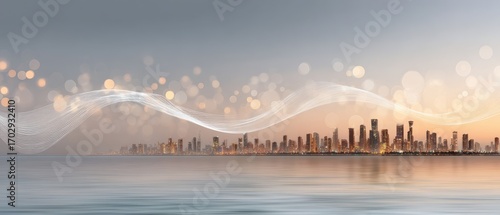 City skyline with soft focus, animated waves, and market prediction chart in the background during sunset
