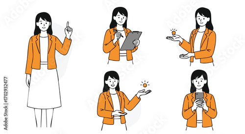 Confident businesswoman illustrates ideas, manages tasks, and uses technology for success