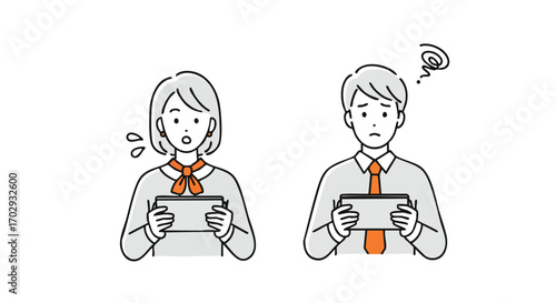 Confused coworkers react to surprising news on tablet, expressing worry and shock
