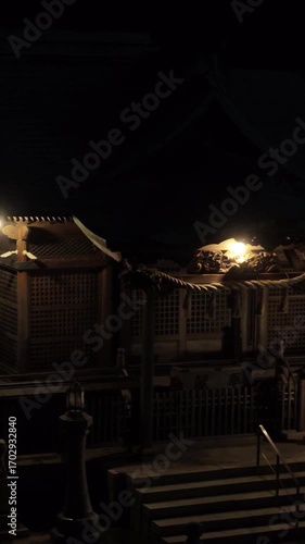 日本のドローン映像　福岡県北九州市門司区で夜の神社を空撮