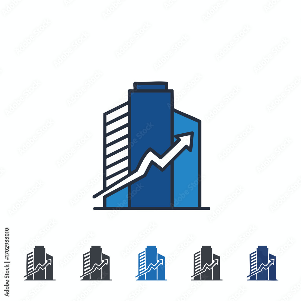 Obraz premium This modern corporate building icon with an upward trending arrow symbolizes strong business growth, real estate investment success, and financial market progress.