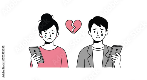 Upset couple on phones with broken heart symbolizing separation in modern digital age relationship issues