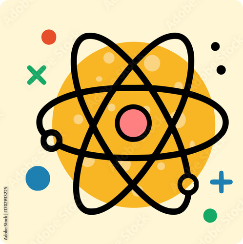 Abstract doodle drawing of a science atom model with electrons orbiting the nucleus. Perfect for education and technology.
