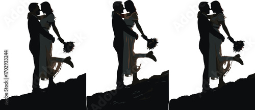 Romantic couple silhouette, wedding pose, love moment, bouquet holding, sunset background, emotional embrace, engagement scene, artistic hilltop romance, timeless affection