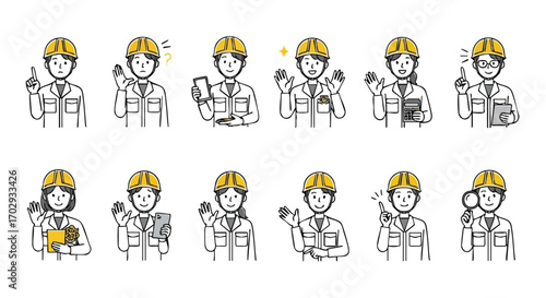 Diverse construction workers in yellow hard hats show various emotions and actions for industry projects