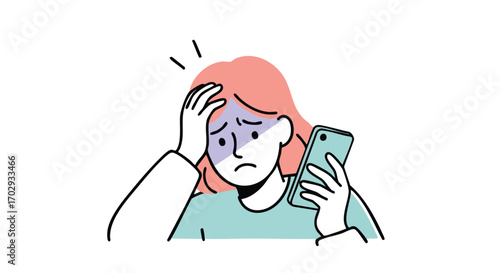 Woman feeling stressed and frustrated looking at her smartphone news in worry and despair