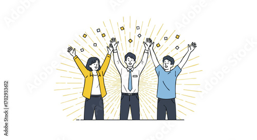 Joyful team celebrates success with raised arms and confetti, radiating positive energy and achievement