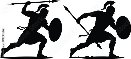 Ancient Warrior Silhouette with Spear and Shield in Battle Pose
