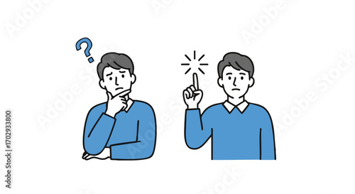 Man ponders a problem then has a brilliant idea with a shining lightbulb moment