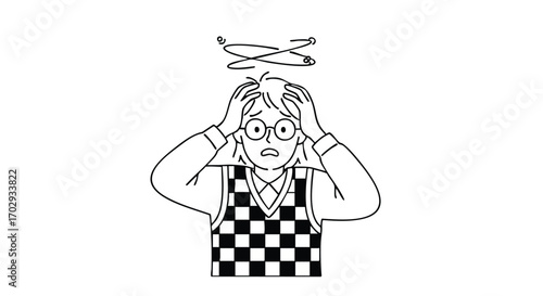 Frustrated young person with dizziness and headache feels unwell with swirling circles above their head
