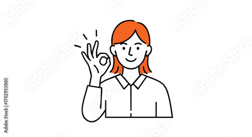 Smiling businesswoman gives perfect OK sign with vibrant orange hair, conveying success and approval
