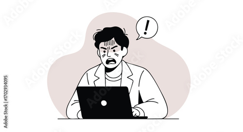 Frustrated businessman overwhelmed by technology problems, expressing shock and anger at laptop screen
