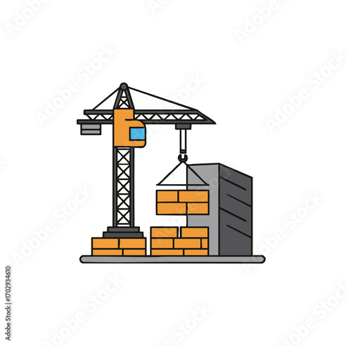 This vibrant flat design illustration showcases a powerful tower crane actively lifting building materials, symbolizing ongoing construction, urban development, and progress.