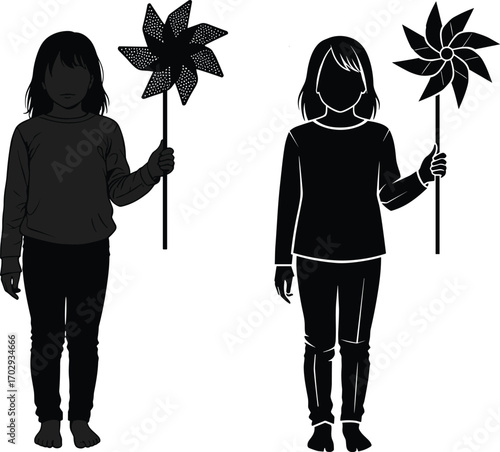 Silhouette, children, pinwheel, barefoot, playful, vector, illustration, childhood, wind toy, outdoor, fun, minimal, graphic, design, black, white, shadow, siblings, innocence, concept