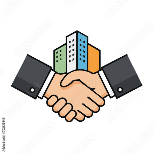 Two business professionals shake hands in a symbolic gesture of agreement, representing a successful real estate deal, partnership, or corporate merger.
