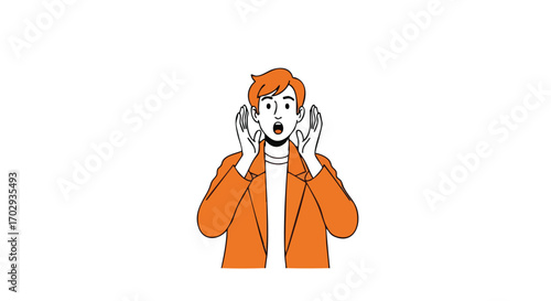 Excited young man shouting news with hands cupped around mouth and surprised expression