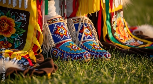 Close-up of intricately beaded Indigenous moccasins and colorful traditional regalia standing on green grass.