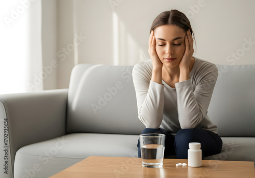 Woman Experiencing Severe Headache or Migraine at Home