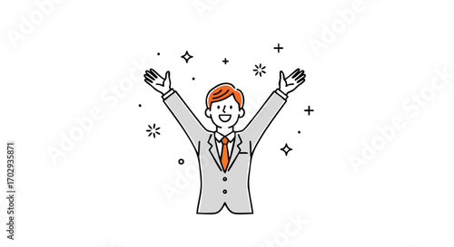 Excited businessman celebrating success with arms raised high in a modern, bright setting