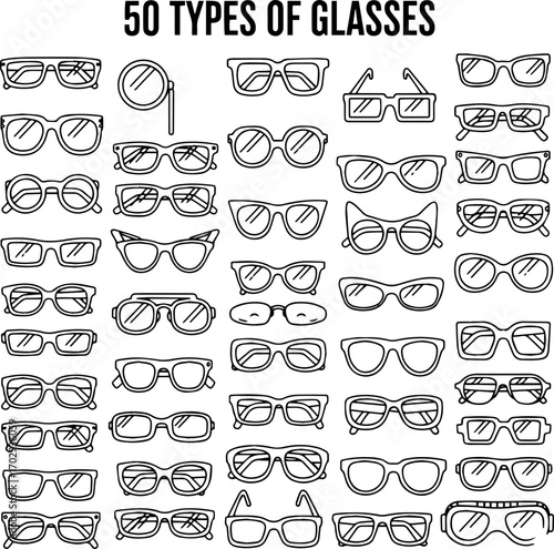 Outline Illustration of 50 Diverse Glasses Styles: A Comprehensive Collection of Eyewear Designs