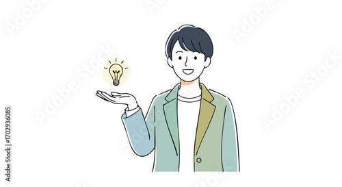 Man happily presenting a brilliant idea with a glowing lightbulb in his outstretched hand