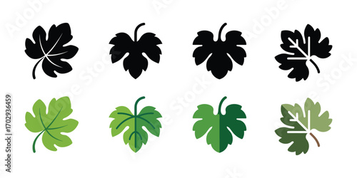 Assortment of Stylized Grape Leaf Illustrations Silhouette, Line Art, and Flat Color Designs
