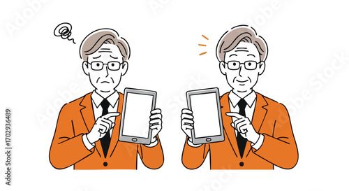 Man confused then happy holding tablet, showing problem and solution with technology