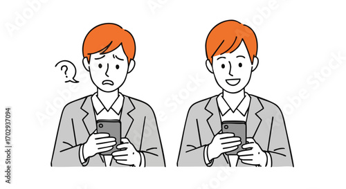 Man shows confusion then happiness while using his smartphone, illustrating digital communication.