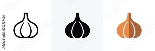 Garlic Bulb Icon Variations Outline, Solid Black, and Orange Flat Design Illustration
