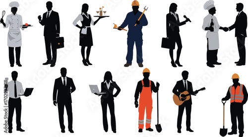 Silhouettes, professions, workers, career diversity, job roles, teamwork, occupations, business, chef, construction, waitress, mechanic, lawyer, judge, workplace, employment, industry