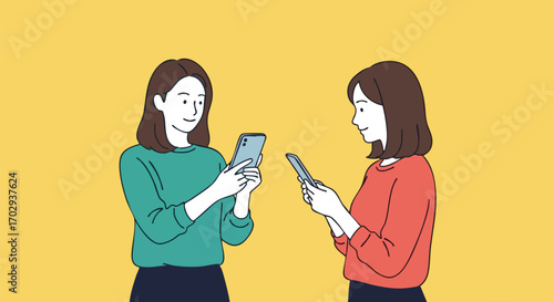 Two friends happily sharing content on their smartphones, connecting digitally in a vibrant, modern style.