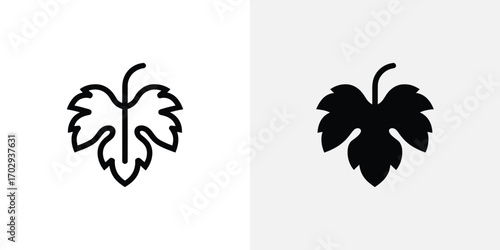Grape Leaf Icon Outline and Solid Black, Simple Design on Gray and White