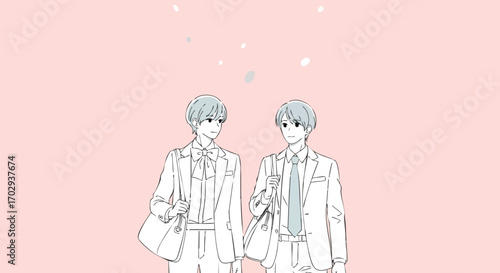 Two young men in stylish suits carrying bags, sharing a moment against a soft pink background