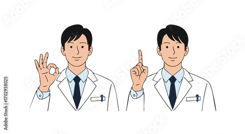 Confident doctor giving approval and pointing advice for medical guidance and expertise