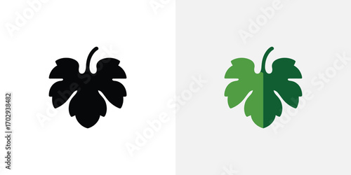of a Grape Leaf Silhouette in Black and Green Isolated on White Background
