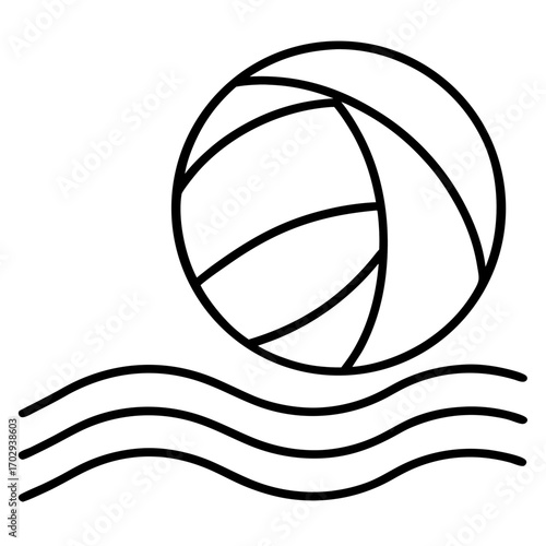 Stylized outline of a volleyball resting on three wavy lines representing water or sand silhouette