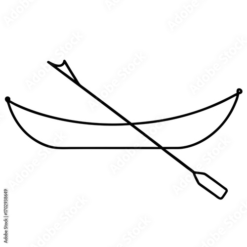 Simple outline of a canoe with a paddle in a minimalist silhouette style