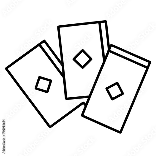 Three playing cards with diamond symbols in a stylized line art silhouette