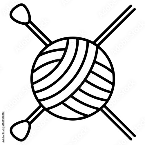 Simple line art icon of a ball of yarn with knitting needles silhouette