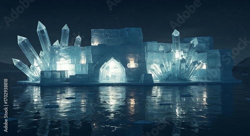 Stunning luminous ice castle emerges from frozen water with crystal formations at night