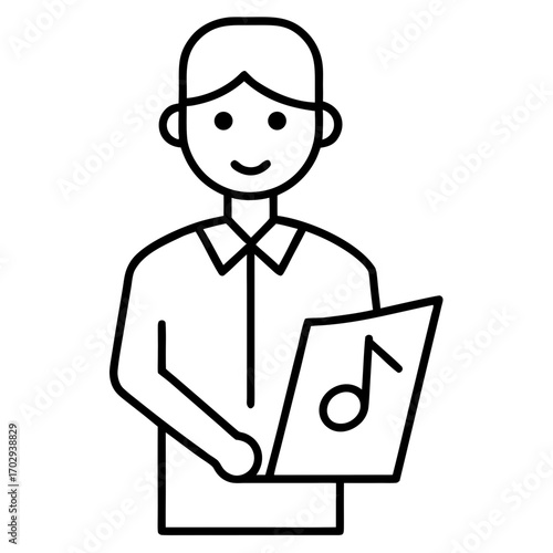Person holding sheet music with musical note symbol in a simple line drawing silhouette style
