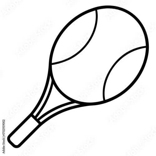 Simple black and white line art illustration of a tennis racket and ball silhouette