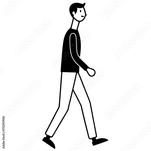 Stylized minimalist man walking confidently in a simple black and white silhouette