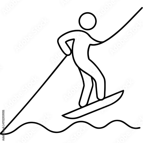 Simple line art silhouette of a person water skiing on a board over wavy water holding a tow rope