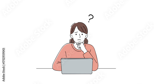 Woman contemplating a difficult decision while working on her laptop, seeking answers
