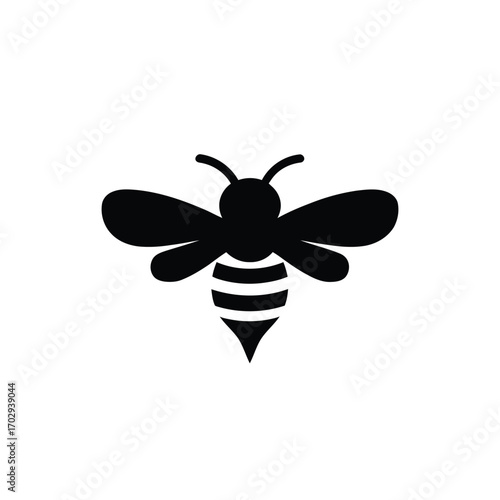 Simple Black Bee Silhouette with Stripes, Wings, and Antennae on White Background