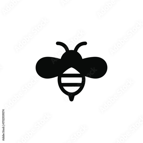 Simple Black Honeybee Illustration with Stripes, Minimalist Design on White Background