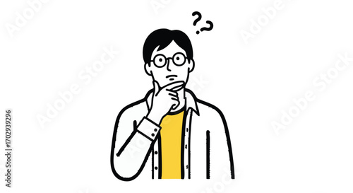 Thoughtful man with glasses pondering a complex problem, seeking solutions, asking questions