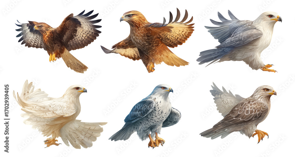 Fototapeta premium Detailed Study of Various Hawk Illustrations with Distinctive Colors and Styles