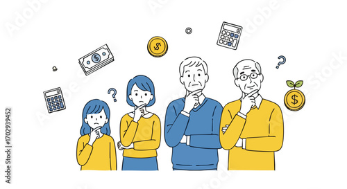 Family pondering financial future, money, and investment questions with thoughtful expressions